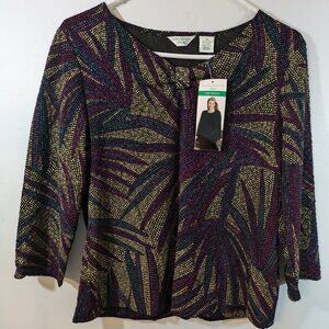 Laura Ashley Womens Shirt Size PM 3/4 Sleeve Black Red Purple Stretch Scoop Neck